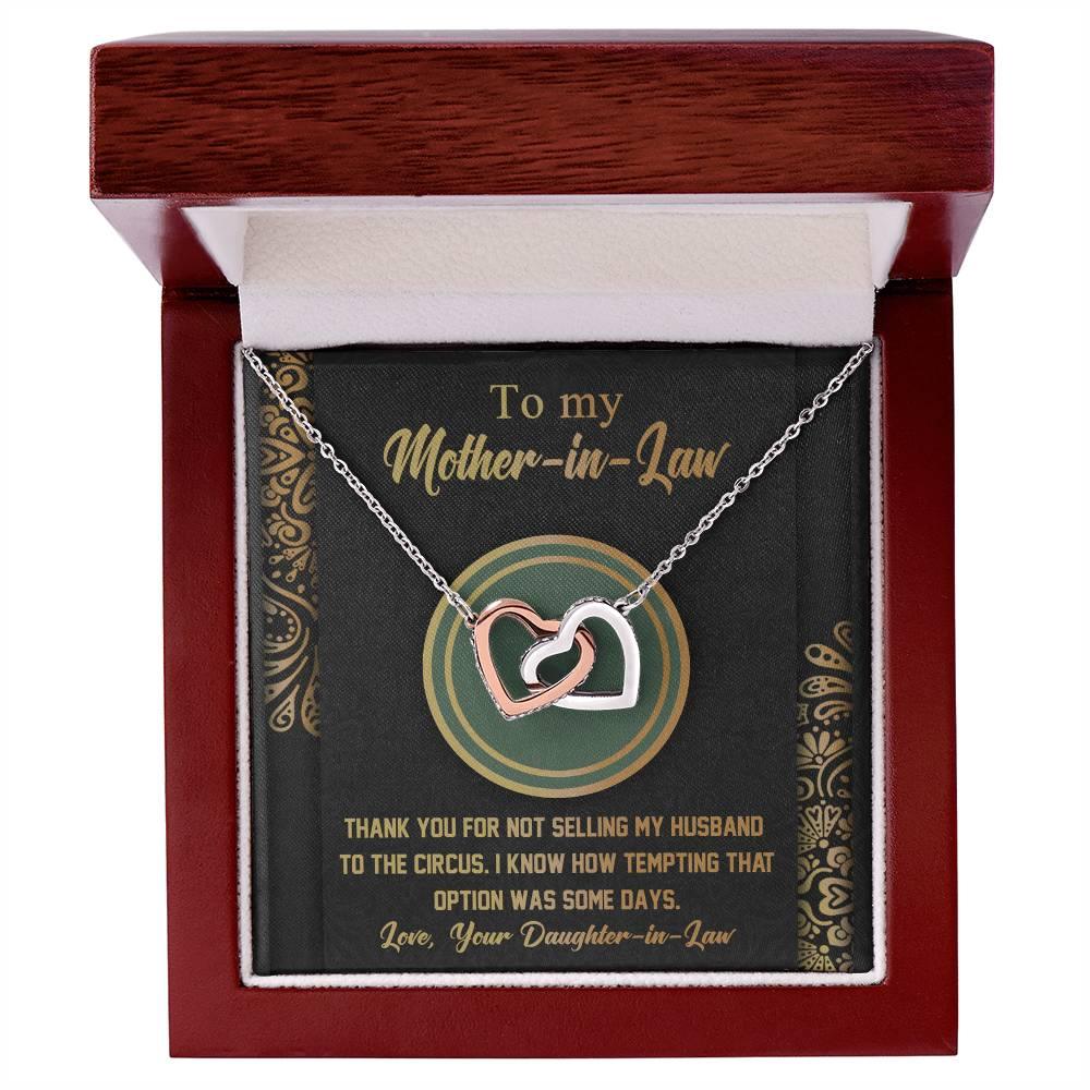 Gift for Mother-in-Law Thank You for Not Selling My Husband to the Circus Cross Interlocking Hearts Necklace - Mallard Moon Gift Shop