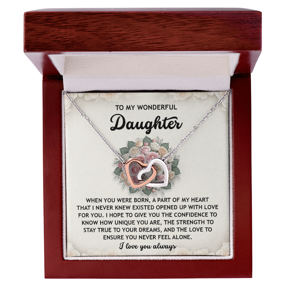 To My Wonderful Daughter -Stay True To Your Dreams- Interlocking Hearts Necklace - Mallard Moon Gift Shop