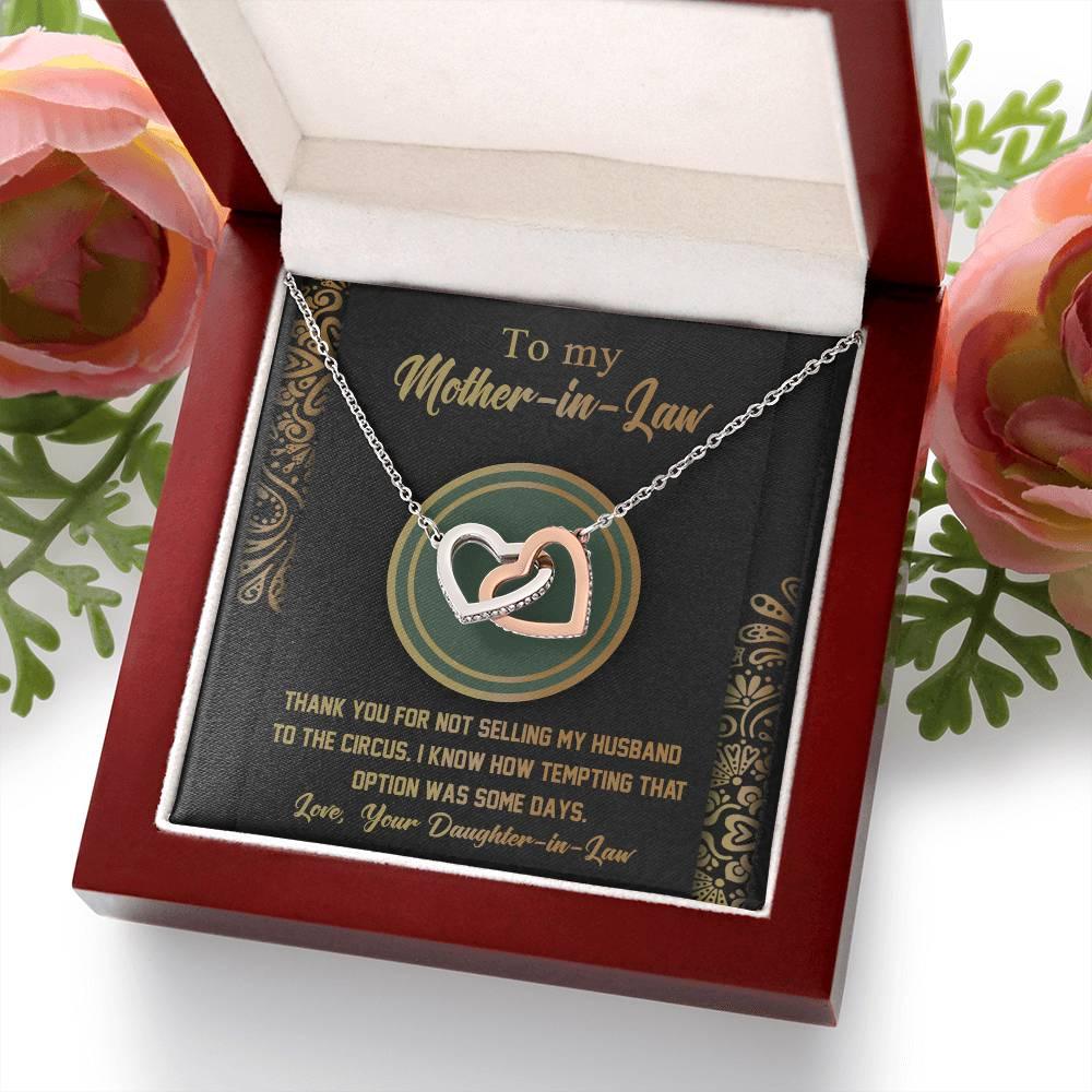 Gift for Mother-in-Law Thank You for Not Selling My Husband to the Circus Cross Interlocking Hearts Necklace - Mallard Moon Gift Shop