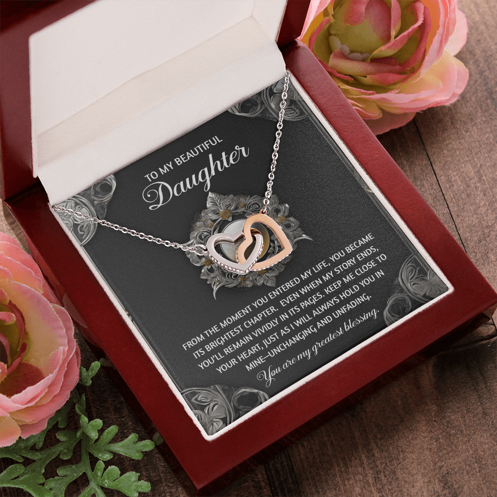 To My Beautiful Daughter - Interlocking Hearts Necklace with Sentimental Message – Birthday, Graduation, Christmas Jewelry – Luxury LED Box Option - Mallard Moon Gift Shop