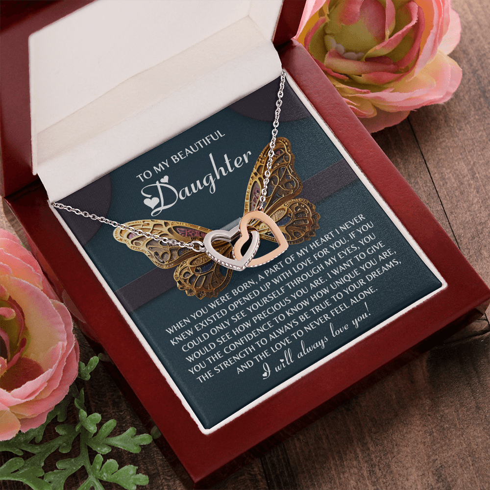 To My Beautiful Daughter- Never Feel Alone - Interlocking Hearts Necklace - Mallard Moon Gift Shop