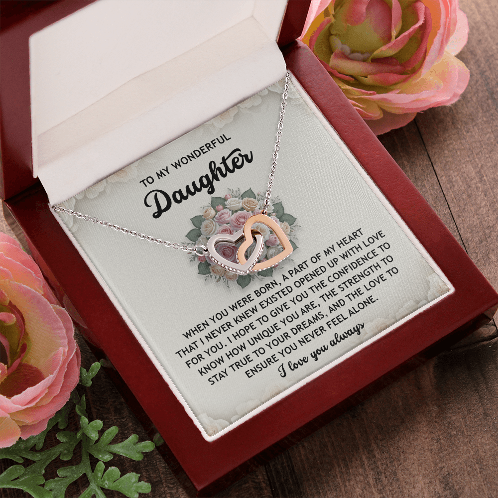 To My Wonderful Daughter -Stay True To Your Dreams- Interlocking Hearts Necklace - Mallard Moon Gift Shop