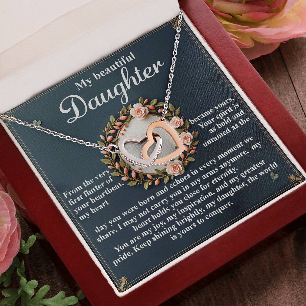 To My Beautiful Daughter - First Flutter of Your Heart Beat - Interlocking Hearts Necklace – Sentimental Gift of Love & Encouragement - Mallard Moon Gift Shop