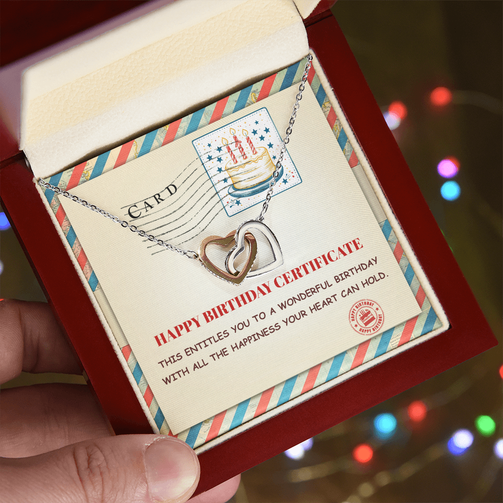 Happy Birthday Personalized Certificate Interlocking Hearts Necklace | Playful Birthday Gift for Her | Fun & Heartfelt Keepsake - Mallard Moon Gift Shop