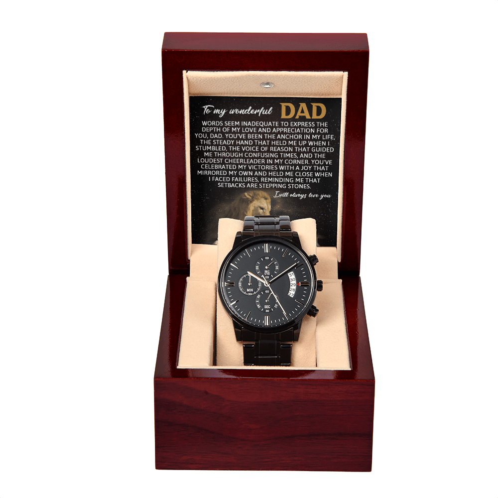 Dad Anchor Life Black Chronograph Watch with Heartfelt Message Card – Luxury Stainless Steel Men's Timepiece, Water Resistant, Scratch Proof, Gift Boxed, Father's Day Gift, Birthday Gift for Dad from Son or Daughter - Mallard Moon Gift Shop
