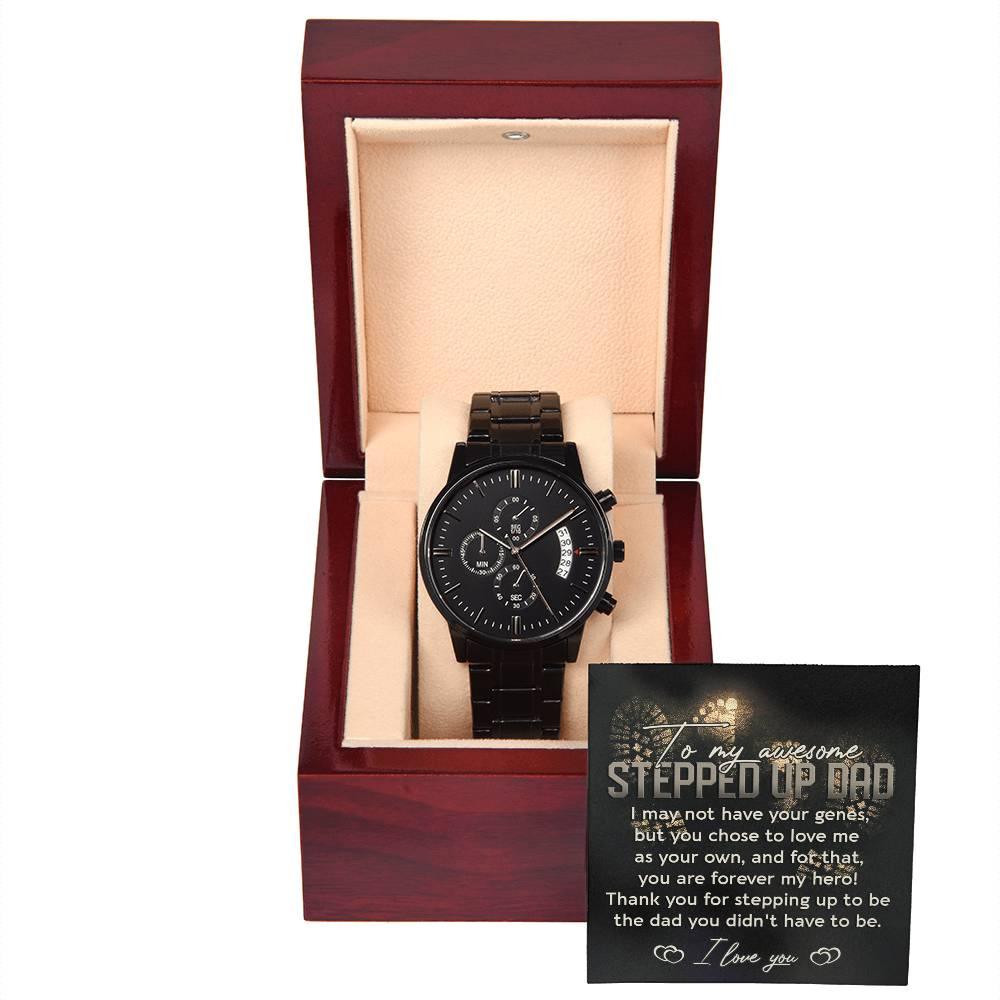 To My Awesome Stepped-Up Man Black Chronograph Watch Gift for Stepdad - Mallard Moon Gift Shop