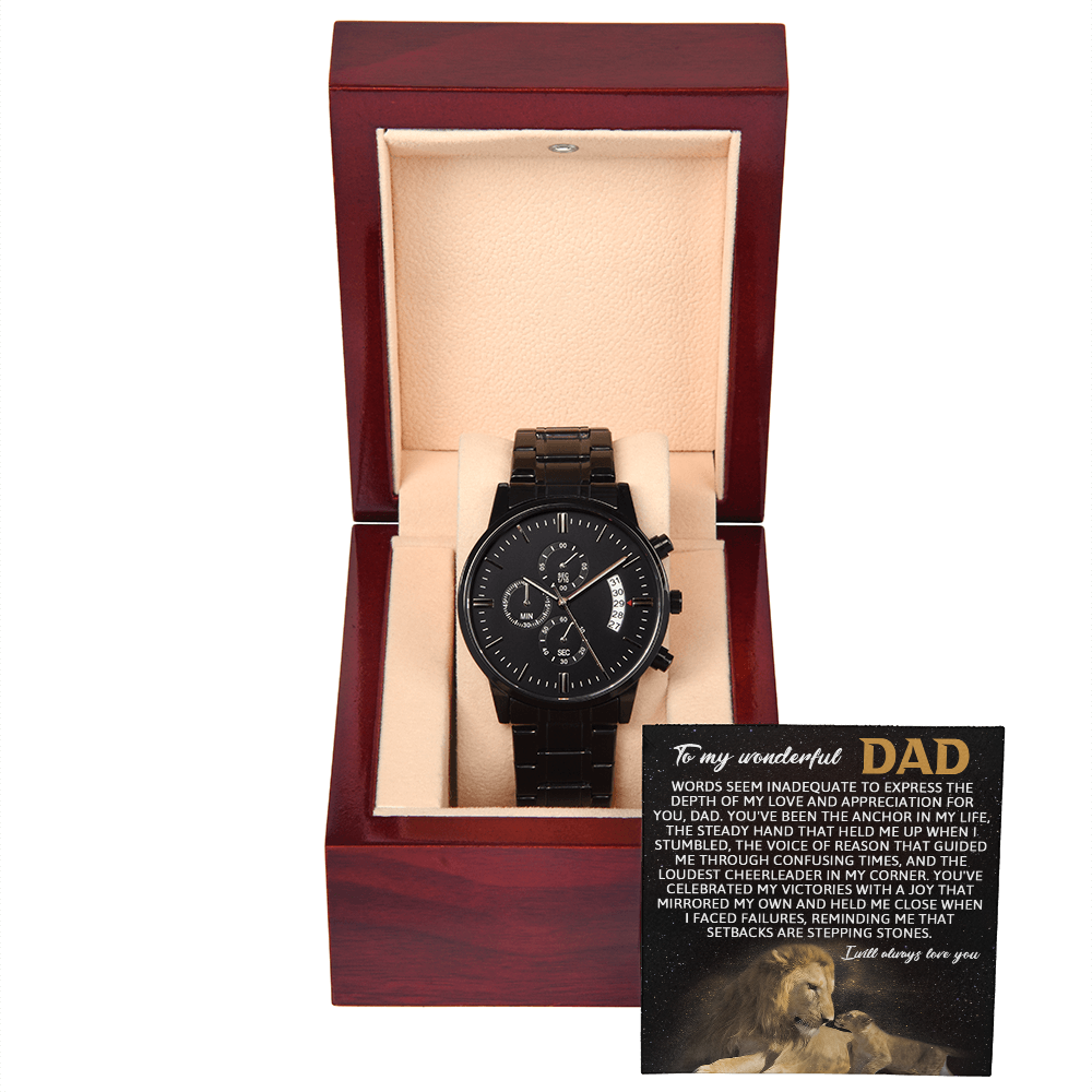 Dad Anchor Life Black Chronograph Watch with Heartfelt Message Card – Luxury Stainless Steel Men's Timepiece, Water Resistant, Scratch Proof, Gift Boxed, Father's Day Gift, Birthday Gift for Dad from Son or Daughter - Mallard Moon Gift Shop