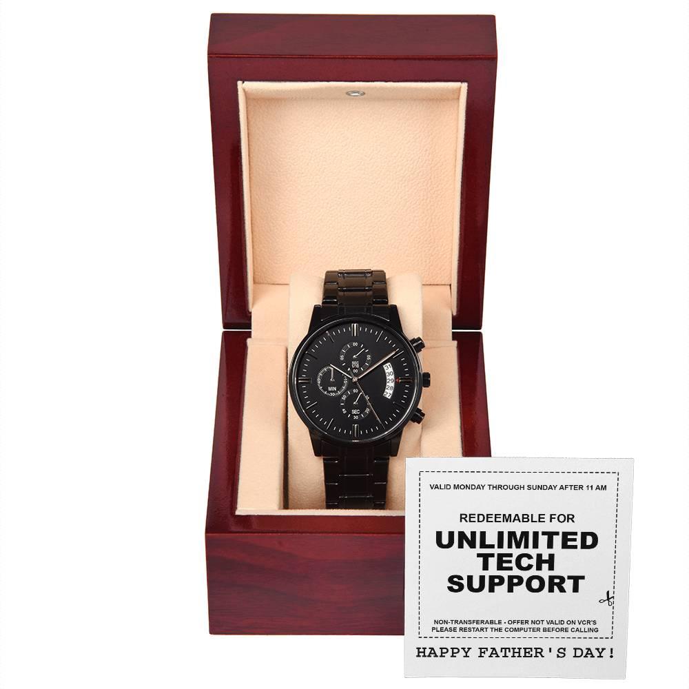 Gift for Dad - Redeem for Unlimited Tech Support - Black Chronograph Watch - Mallard Moon Gift Shop