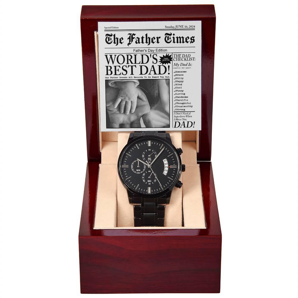Dad Gift - Headline on The Father Times - World's Best Dad - Black Chronograph Watch - Mallard Moon Gift Shop