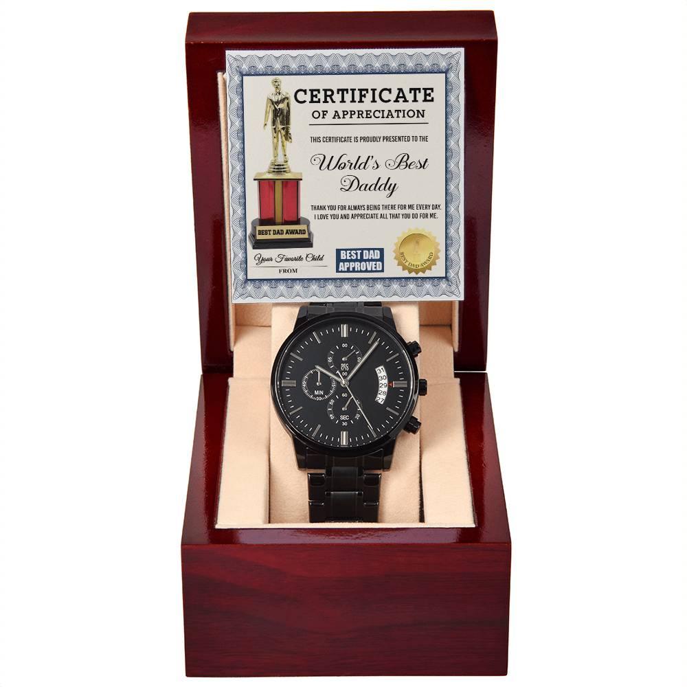 Dad Gift Certificate of World's Best Daddy Black Chronograph Watch - Mallard Moon Gift Shop