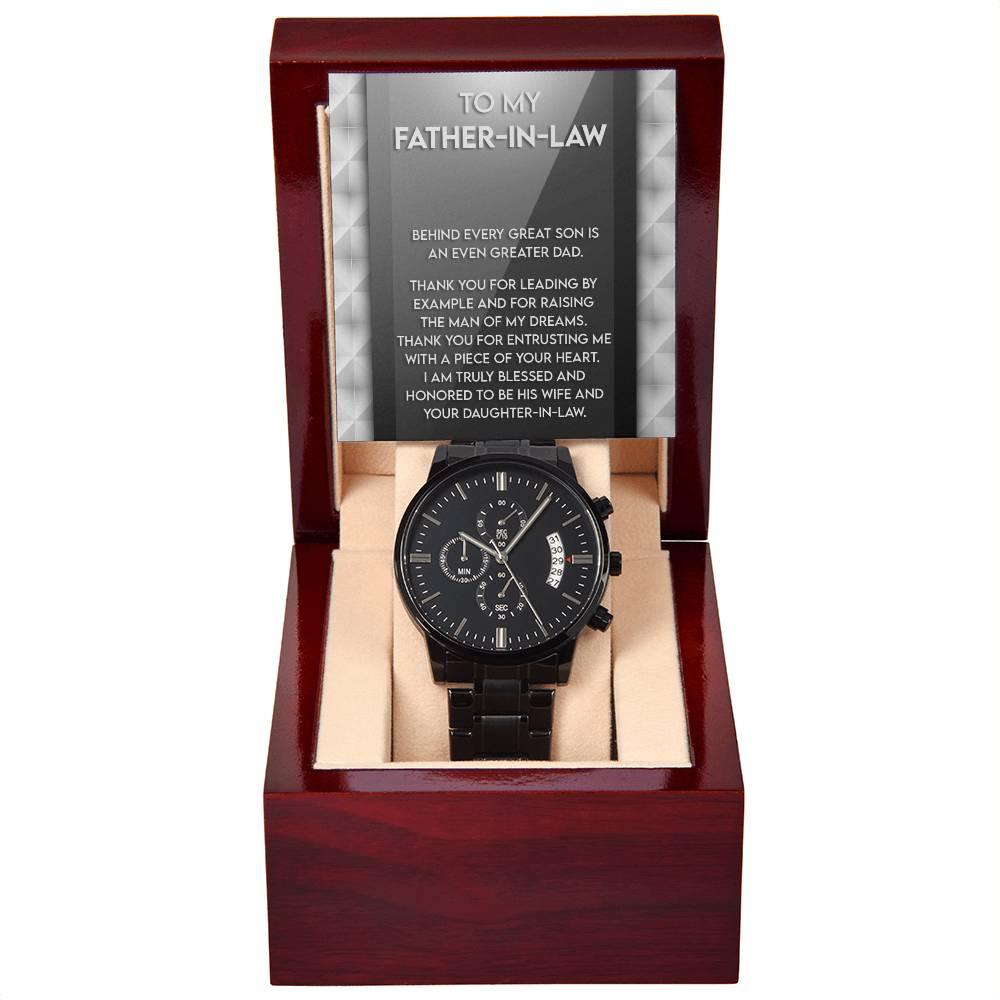 Gift for Father-in-Law Behind Every Great Son Is a Greater Dad Black Chronograph Watch - Mallard Moon Gift Shop