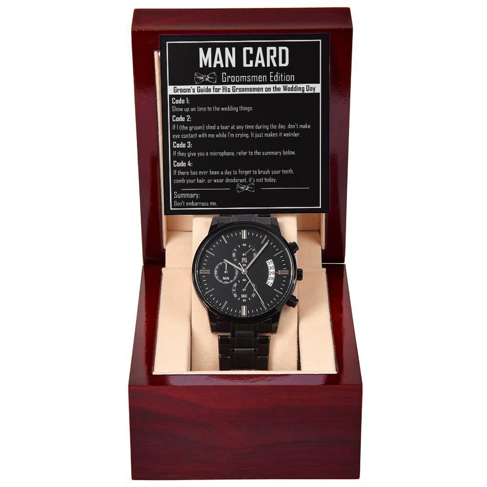 Groomsman Proposal Wedding Day Gift - Man Card - Black Chronograph Watch - Mallard Moon Gift Shop