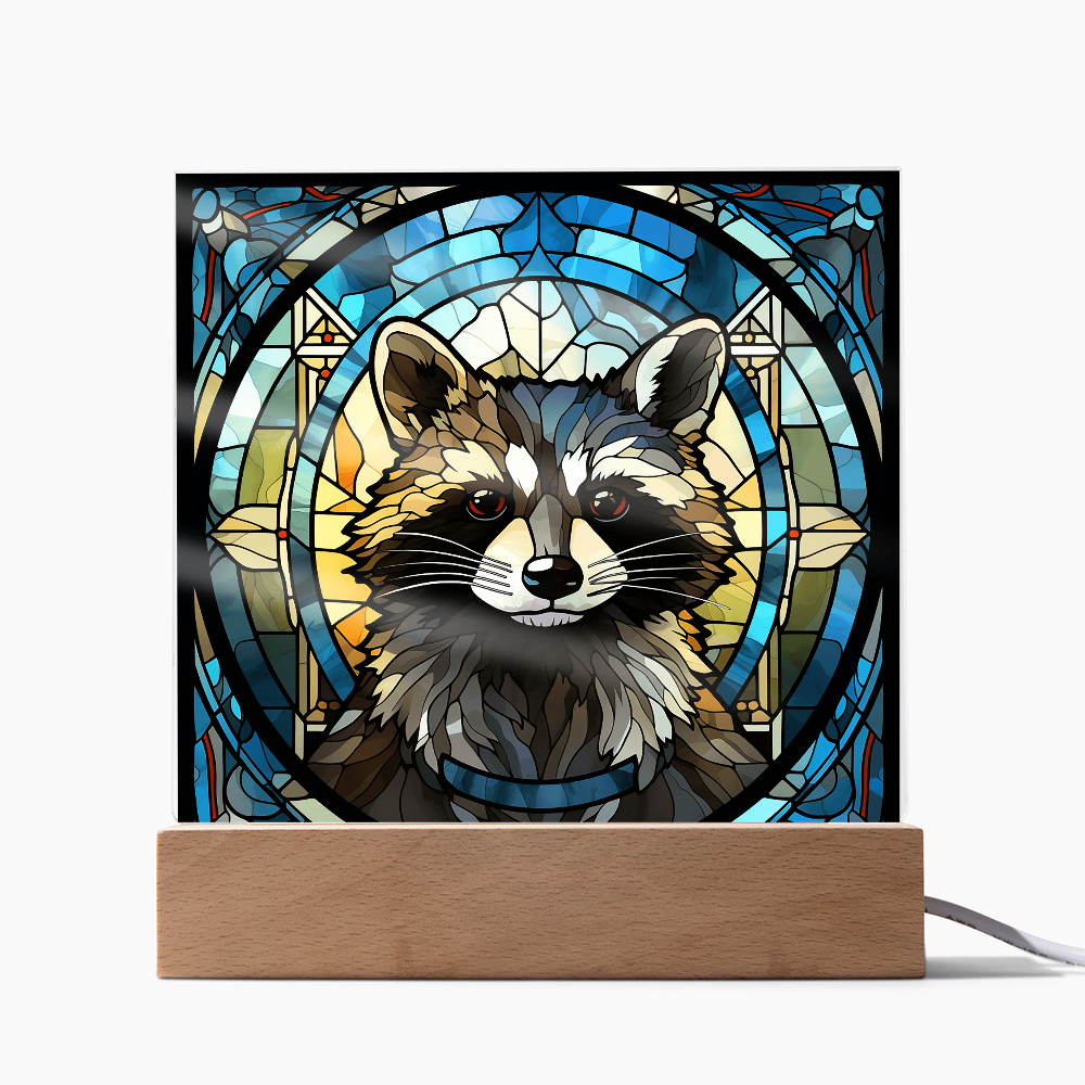 Stained Glass Raccoon Acrylic LED Light Plaque – Custom Animal Art Gift with Wooden Base - Mallard Moon Gift Shop
