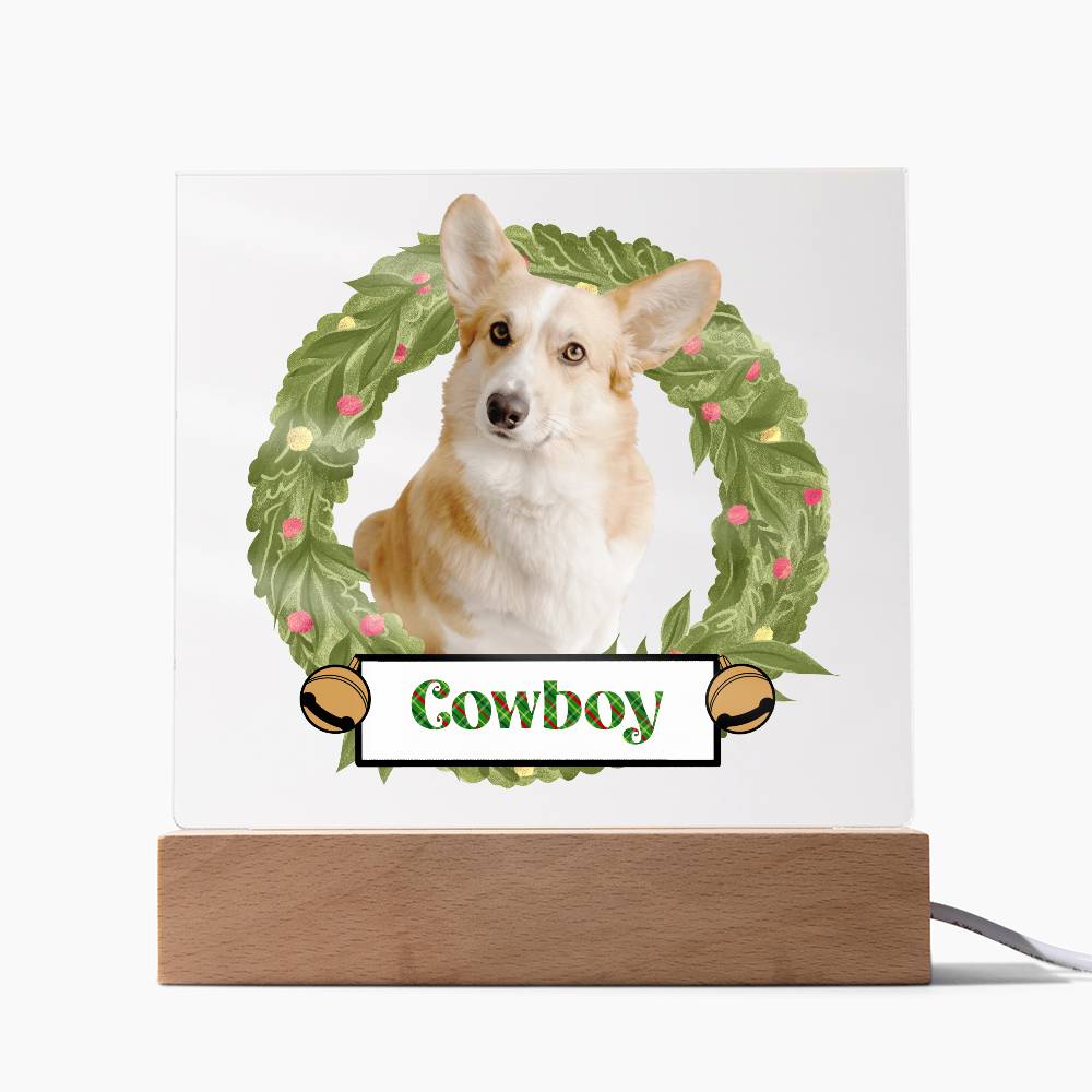Pet Personalized Holiday Wreath Photo Upload Keepsake Acrylic Plaque with Lighted LED Wooden Base - Mallard Moon Gift Shop