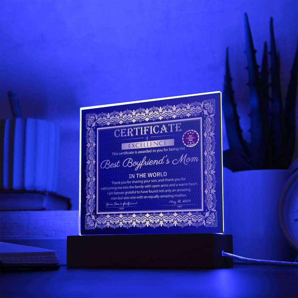Best Boyfriend's Mom Certificate of Excellence Mother's Day Acrylic Plaque - Mallard Moon Gift Shop