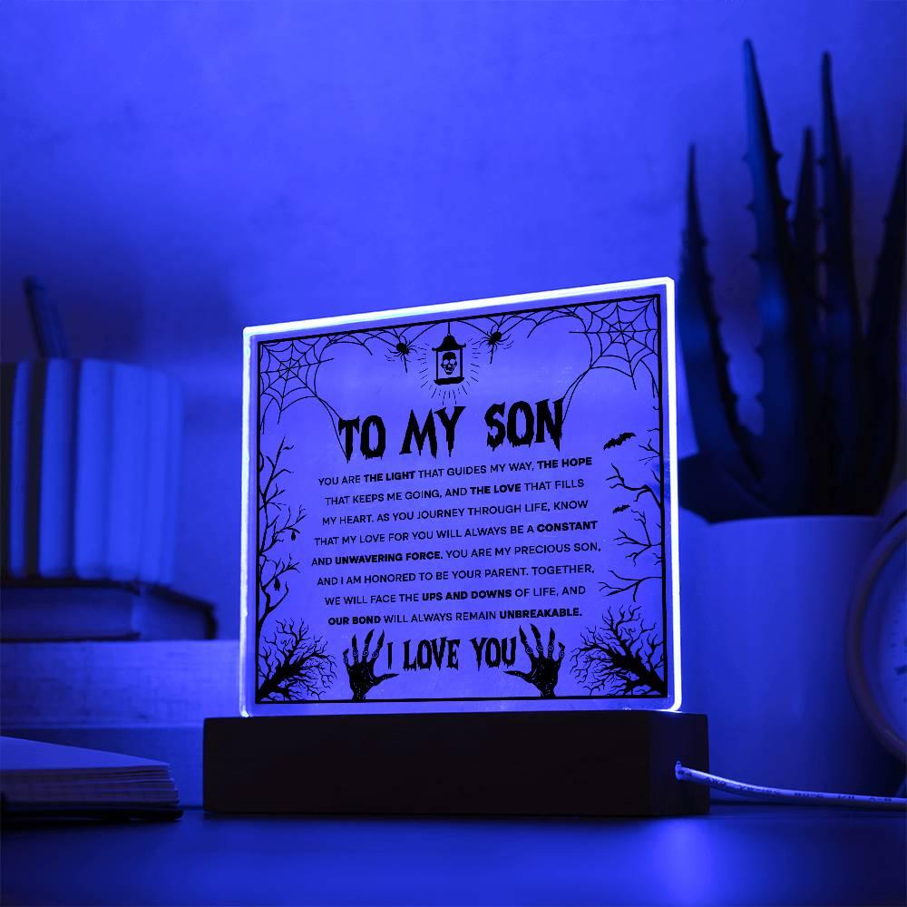 Son - Unwavering Force - Halloween Acrylic Square Plaque with LED Wooden Base - Mallard Moon Gift Shop