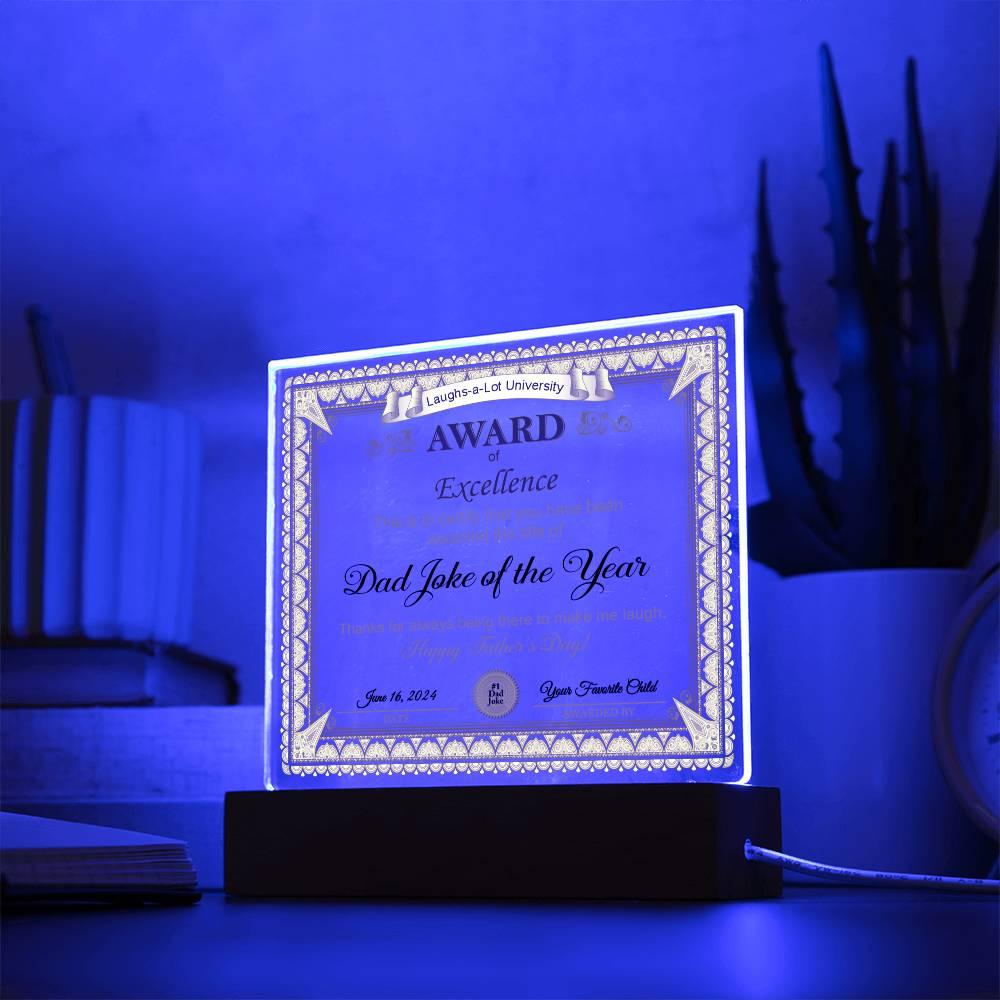 Gift for Dad Award of Excellence for Dad Joke of the Year Personalized Acrylic Plaque - Mallard Moon Gift Shop