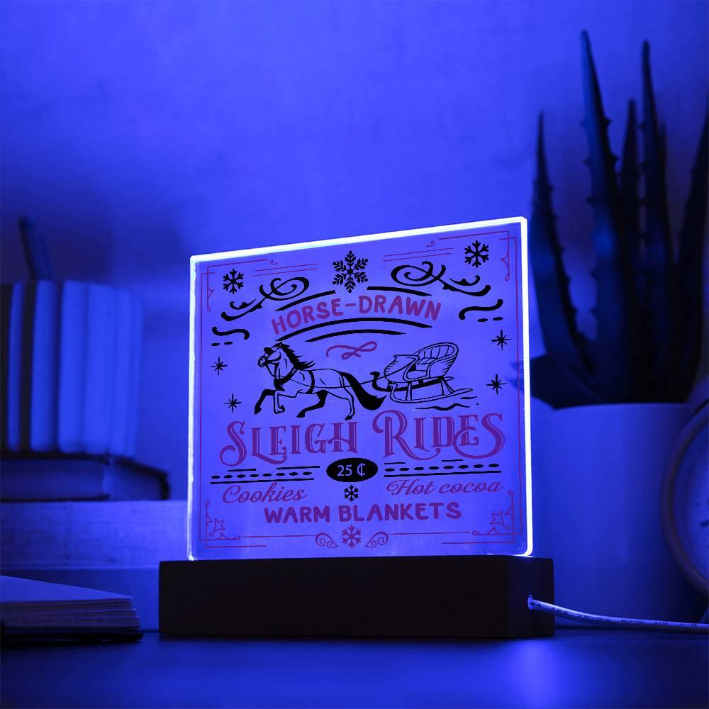 Christmas Horse Drawn Sleigh Rides Acrylic Square Plaque with LED Wooden Base - Mallard Moon Gift Shop