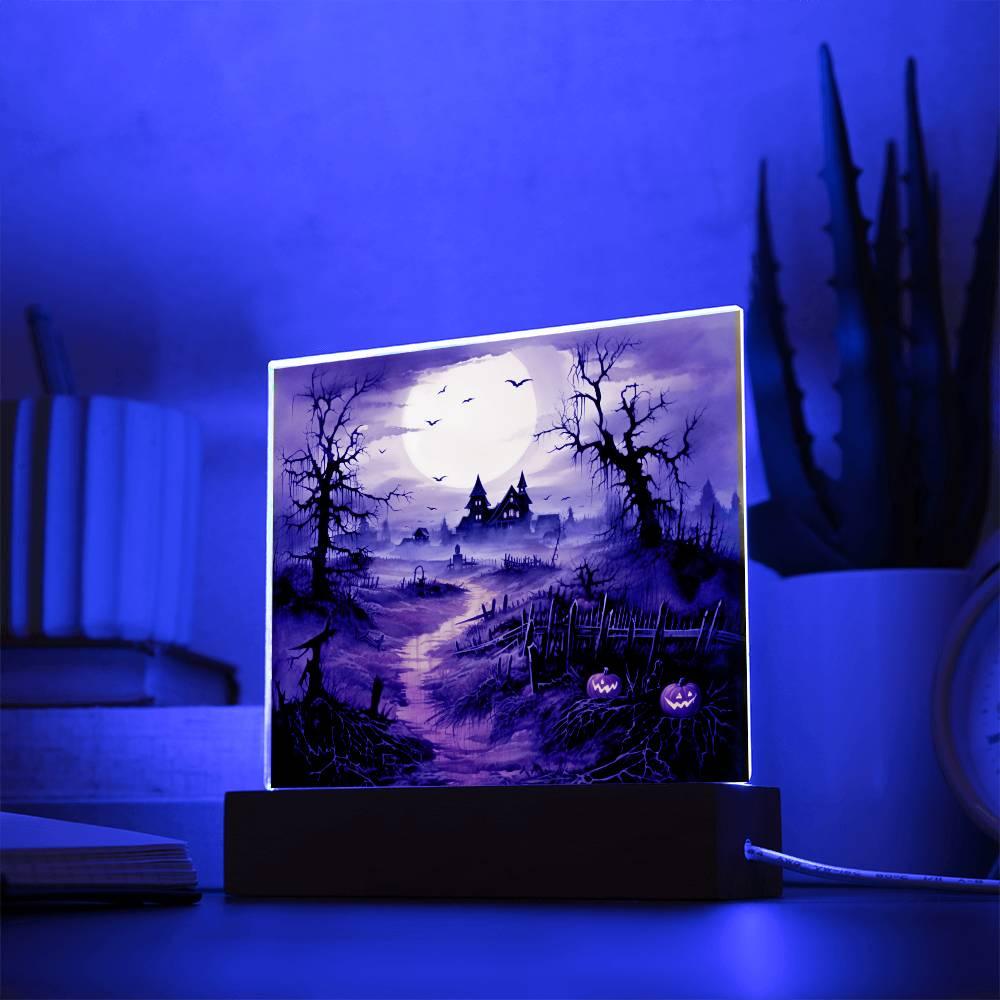 Eerie Elegance: Haunted Mansion Acrylic Halloween Plaque with LED Lighted Wooden Base - Mallard Moon Gift Shop
