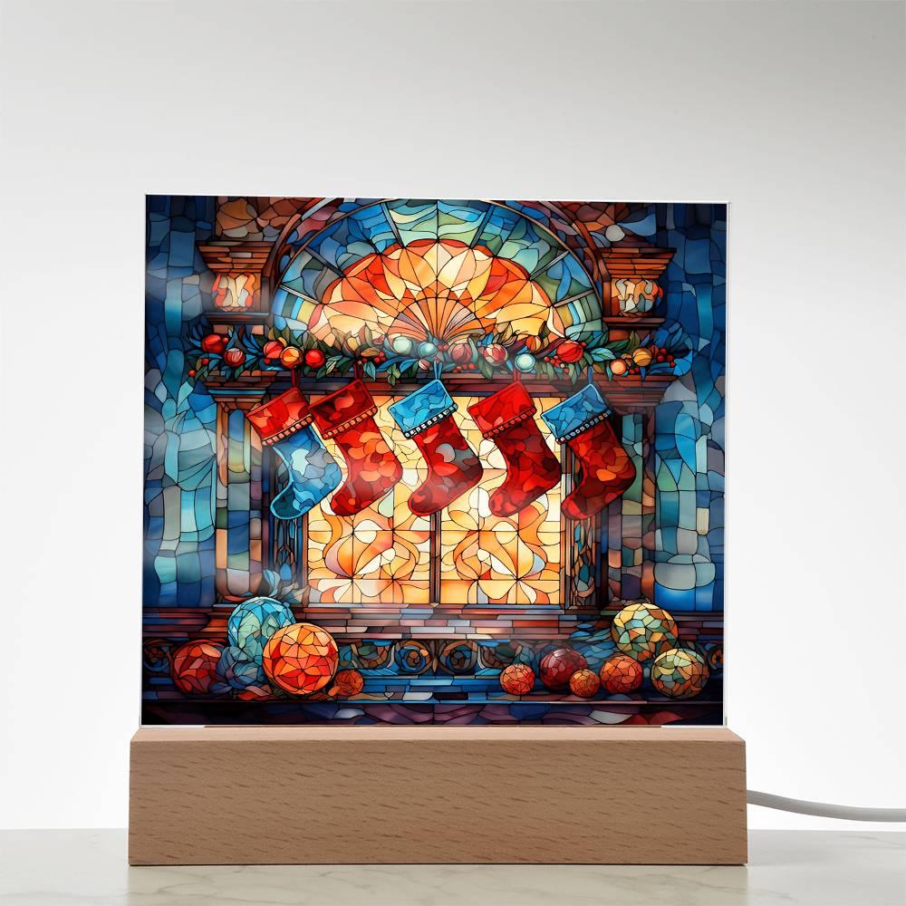 Stained Glass Christmas Stockings Acrylic Plaque with Lighted LED Wooden Base - Mallard Moon Gift Shop