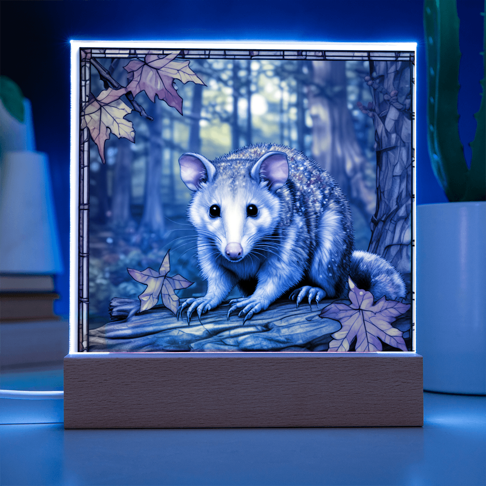 North American Opossum LED Acrylic Plaque – Autumn Forest Scene – Wooden Base (Battery or Corded) - Mallard Moon Gift Shop