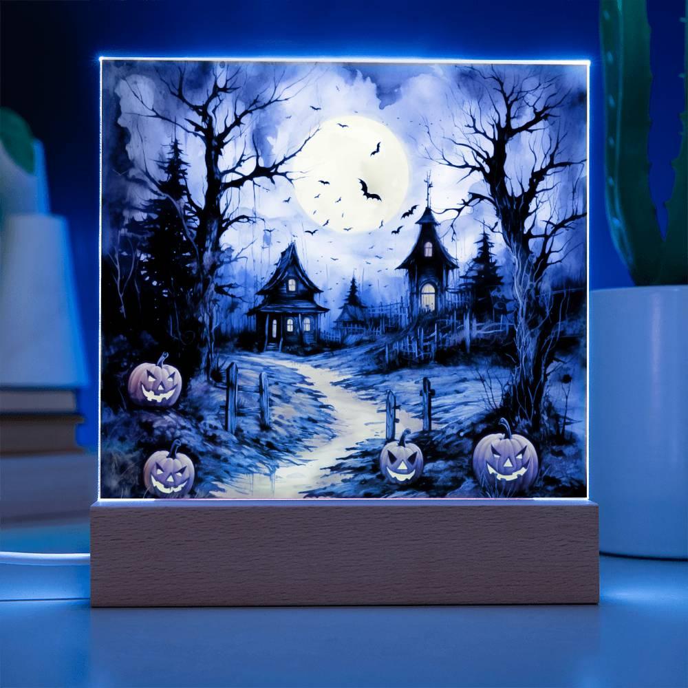 Halloween Haunt: Detailed Mansion Acrylic Plaque with LED Lighted Wooden Base - Mallard Moon Gift Shop