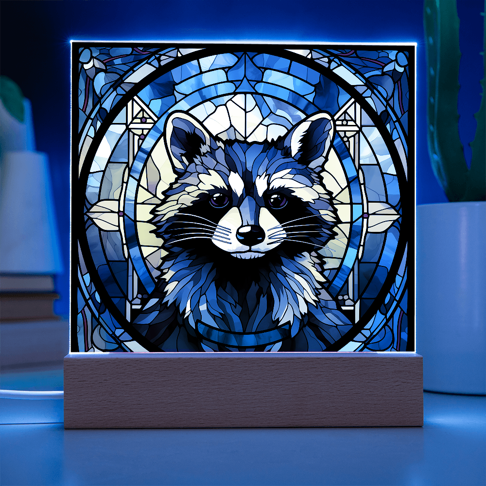 Stained Glass Raccoon Acrylic LED Light Plaque – Custom Animal Art Gift with Wooden Base - Mallard Moon Gift Shop