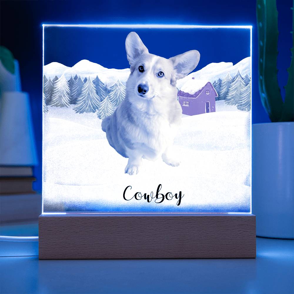Pet Personalized Holiday Photo Upload Acrylic Plaque with Lighted LED Wooden Base - Mallard Moon Gift Shop
