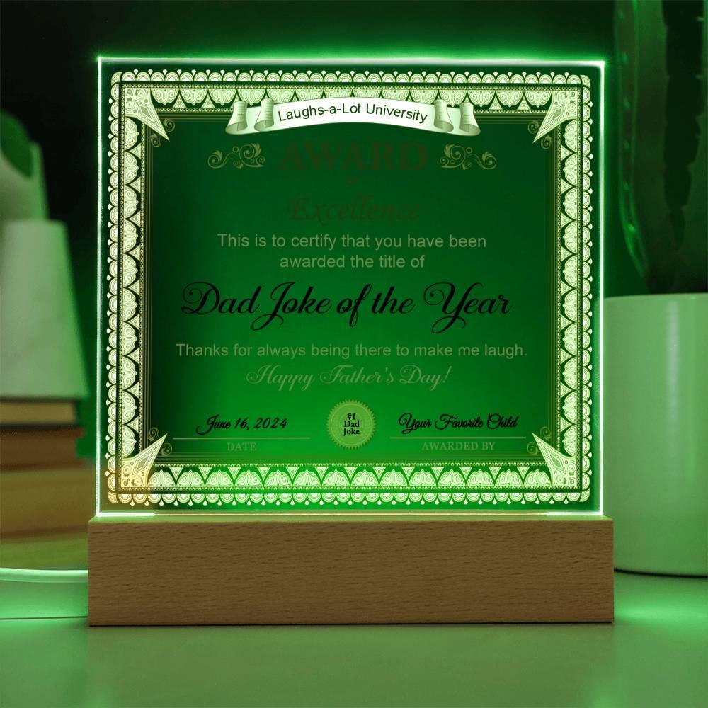 Gift for Dad Award of Excellence for Dad Joke of the Year Personalized Acrylic Plaque - Mallard Moon Gift Shop