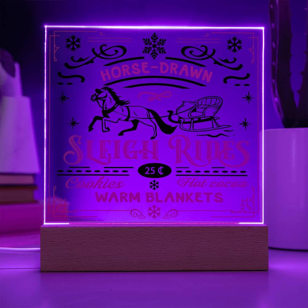 Christmas Horse Drawn Sleigh Rides Acrylic Square Plaque with LED Wooden Base - Mallard Moon Gift Shop