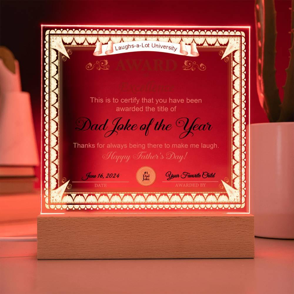 Gift for Dad Award of Excellence for Dad Joke of the Year Personalized Acrylic Plaque - Mallard Moon Gift Shop