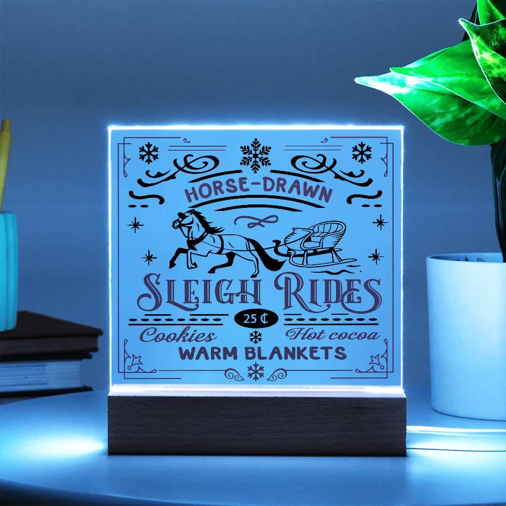Christmas Horse Drawn Sleigh Rides Acrylic Square Plaque with LED Wooden Base - Mallard Moon Gift Shop