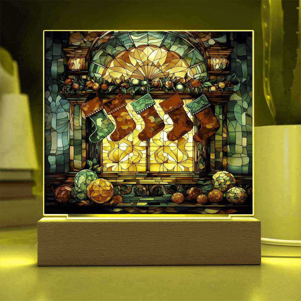 Stained Glass Christmas Stockings Acrylic Plaque with Lighted LED Wooden Base - Mallard Moon Gift Shop