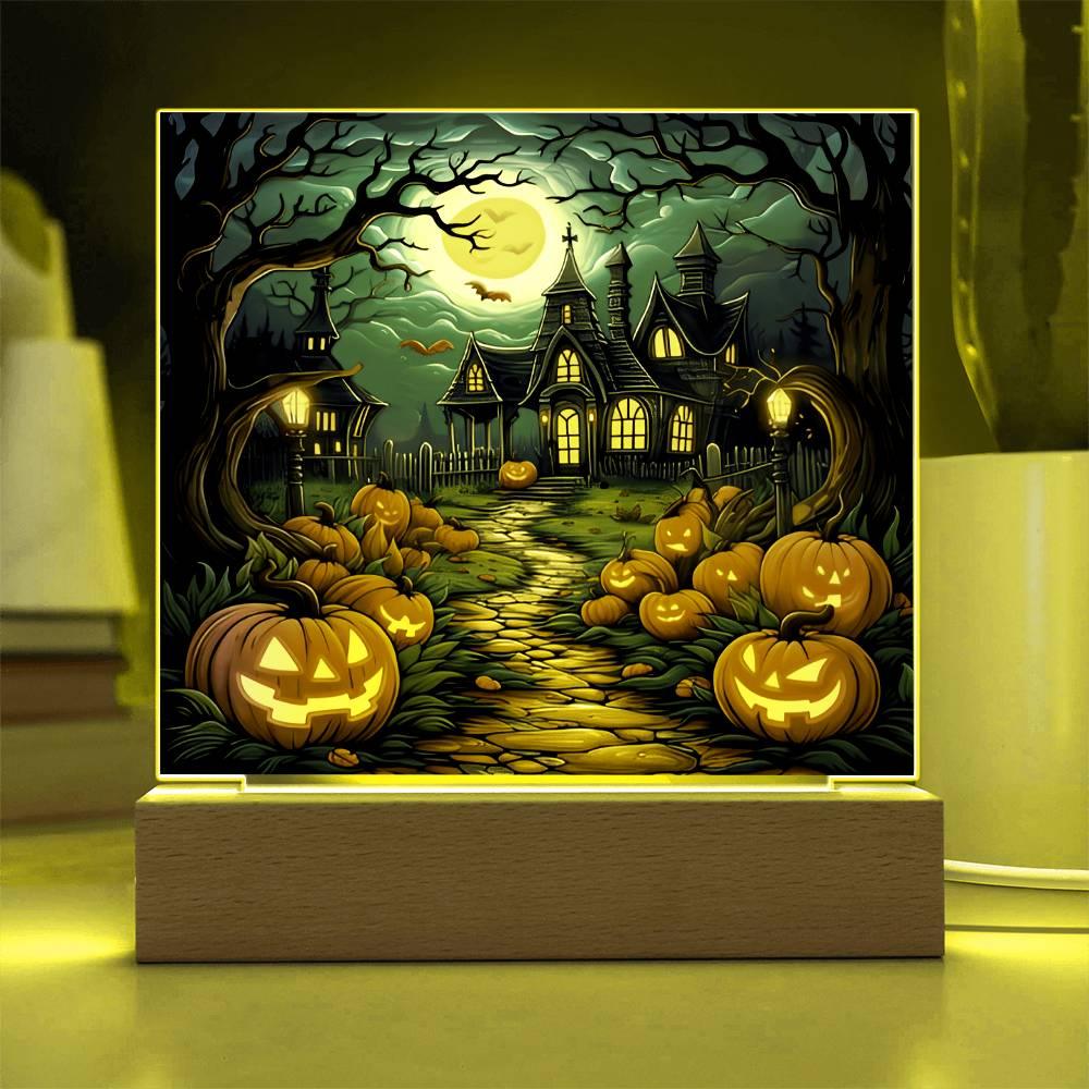 Halloween Decor Haunted Mansion Acrylic Square Plaque with LED Wooden Base - Mallard Moon Gift Shop