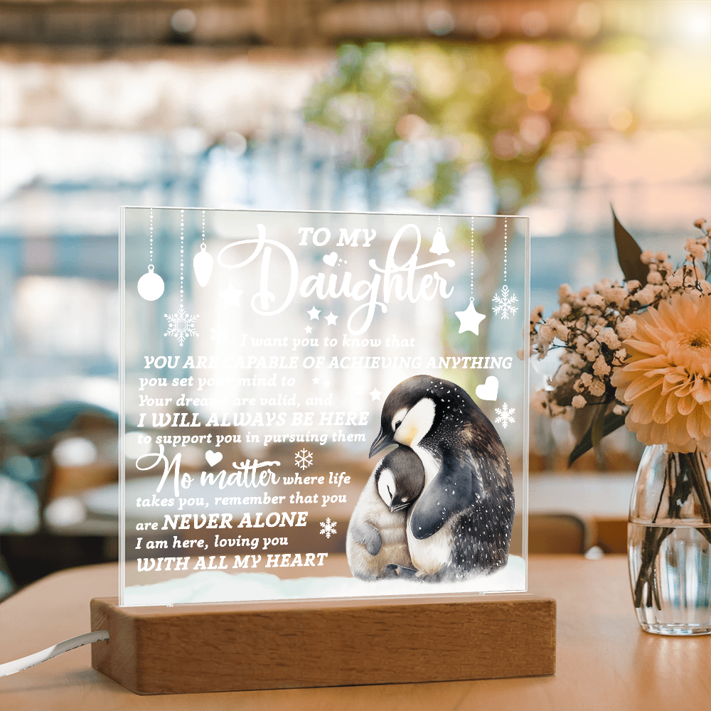 Daughter Penguin Acrylic Plaque – Heartfelt Christmas or Birthday Gift from Mom or Dad | “You Are Capable” LED Light Display