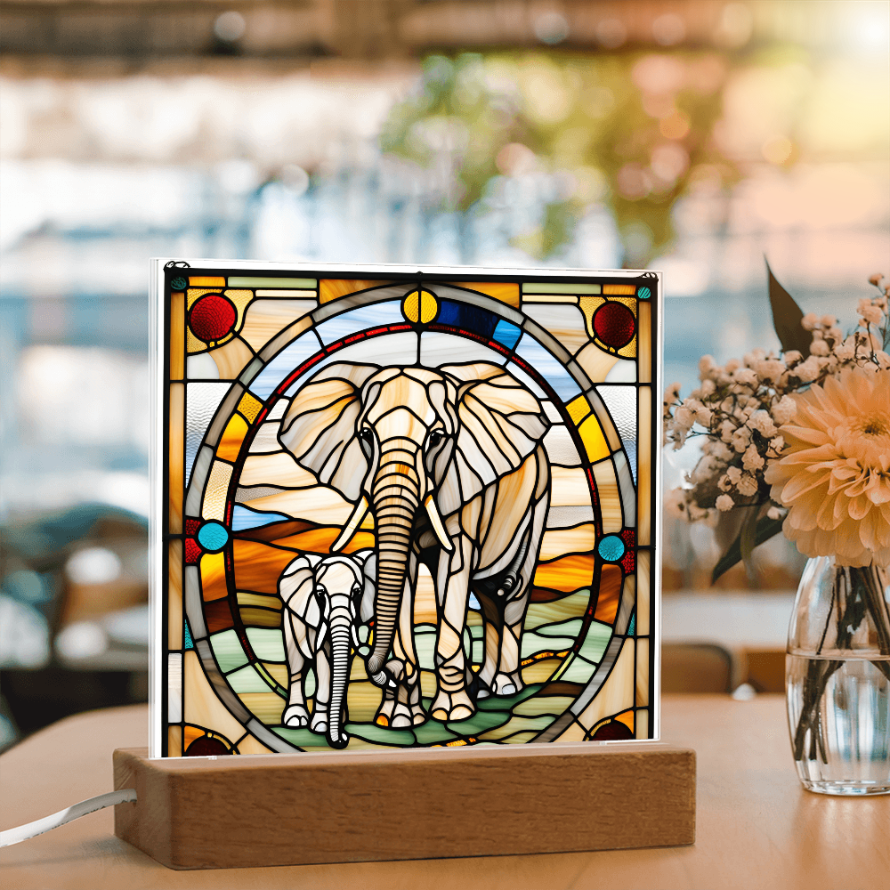 Elephant Mother and Baby Calf - Stained Glass Style LED Acrylic Plaque – A Symbol of Strength, Love, and Family - Mallard Moon Gift Shop