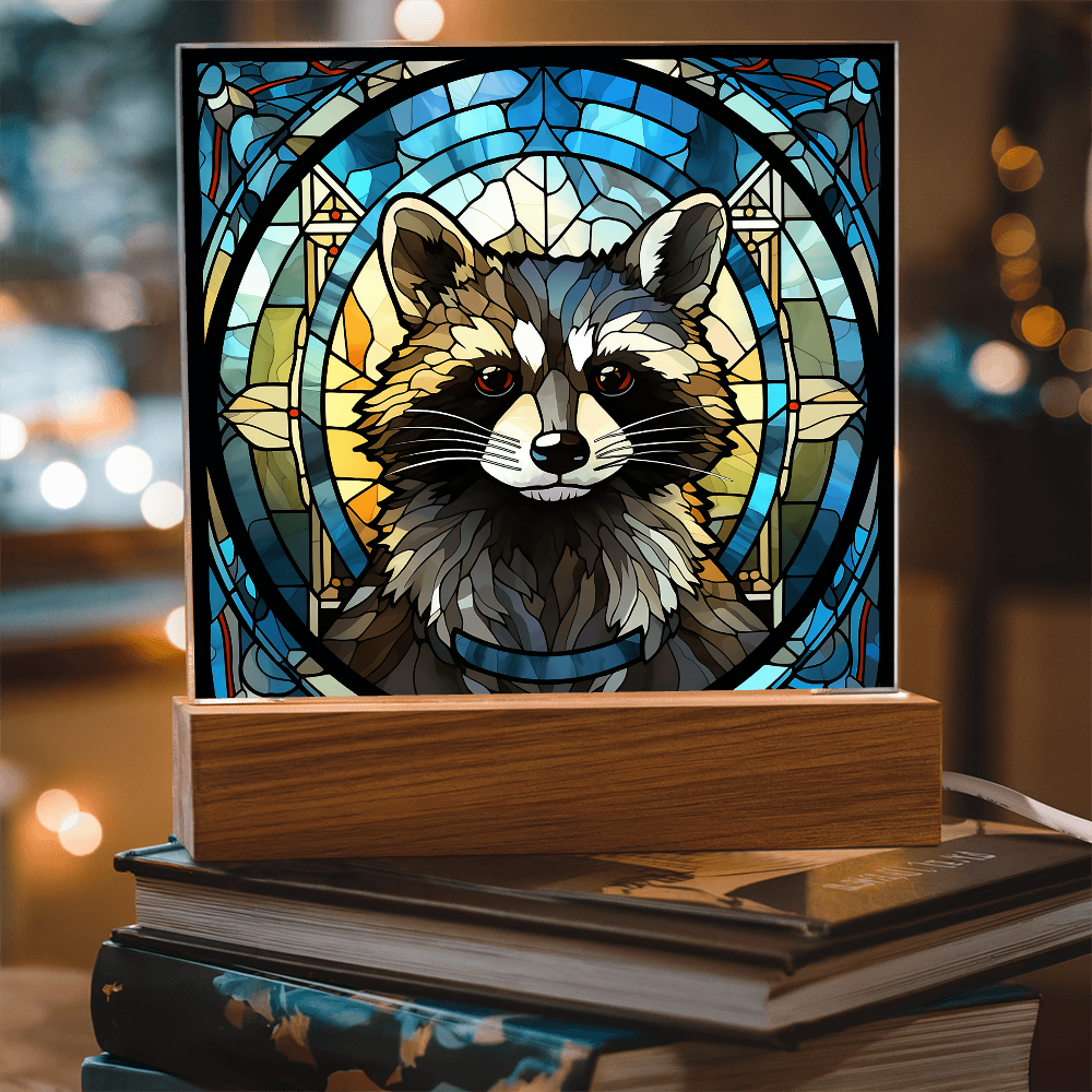 Stained Glass Raccoon Acrylic LED Light Plaque – Custom Animal Art Gift with Wooden Base - Mallard Moon Gift Shop
