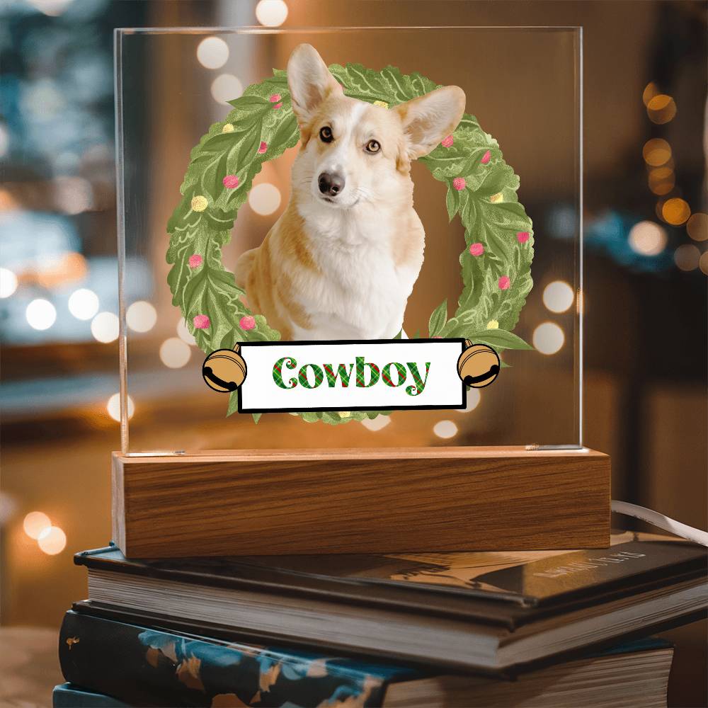 Pet Personalized Holiday Wreath Photo Upload Keepsake Acrylic Plaque with Lighted LED Wooden Base - Mallard Moon Gift Shop
