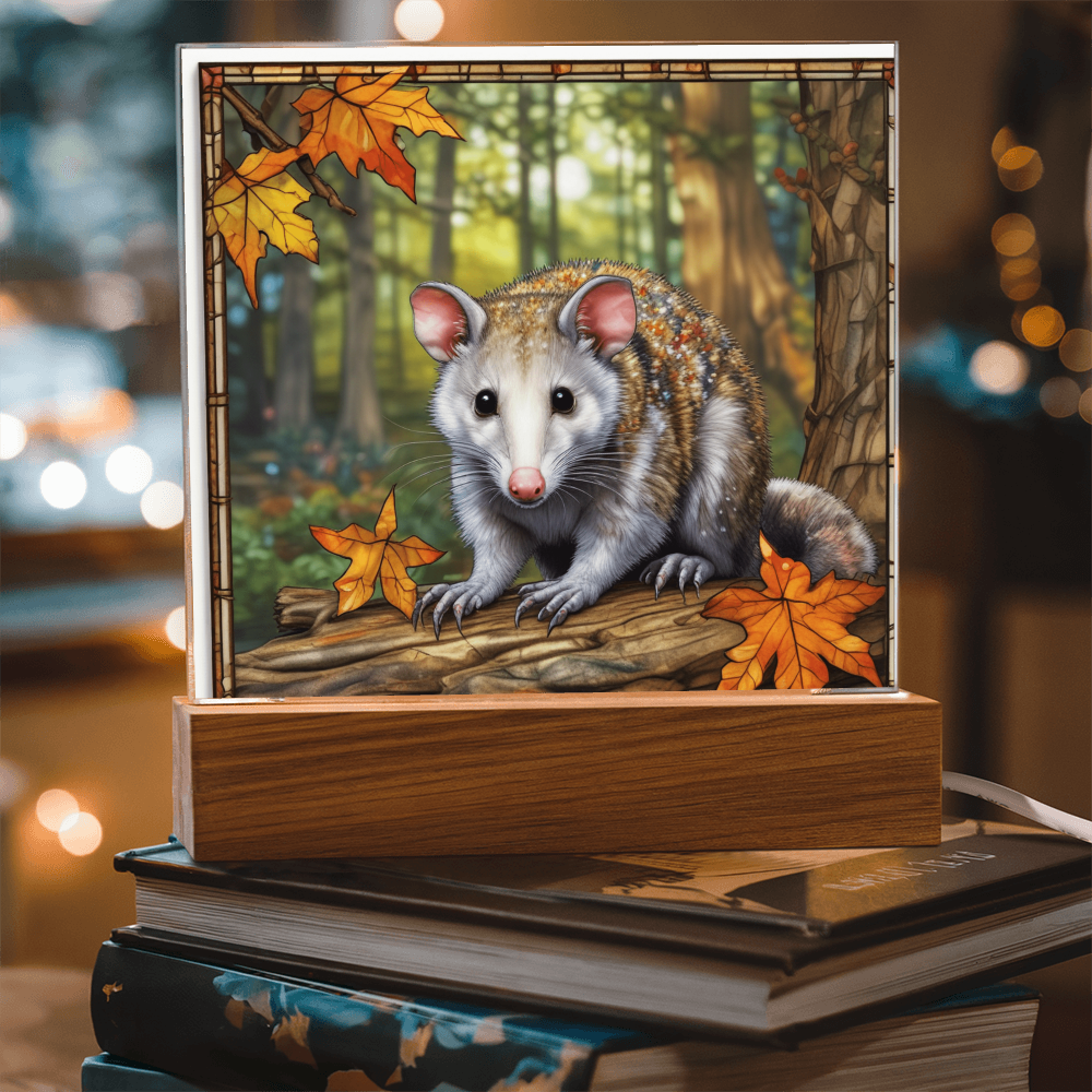 North American Opossum LED Acrylic Plaque – Autumn Forest Scene – Wooden Base (Battery or Corded) - Mallard Moon Gift Shop