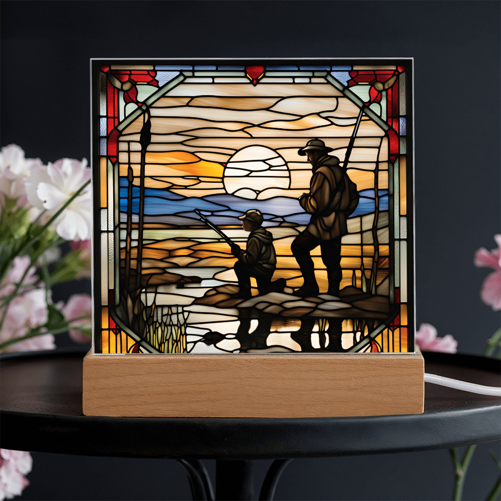 Father and Son Duck Hunting - Stained Glass Style LED Acrylic Plaque – A Meaningful Gift for Hunters and Outdoorsmen - Mallard Moon Gift Shop