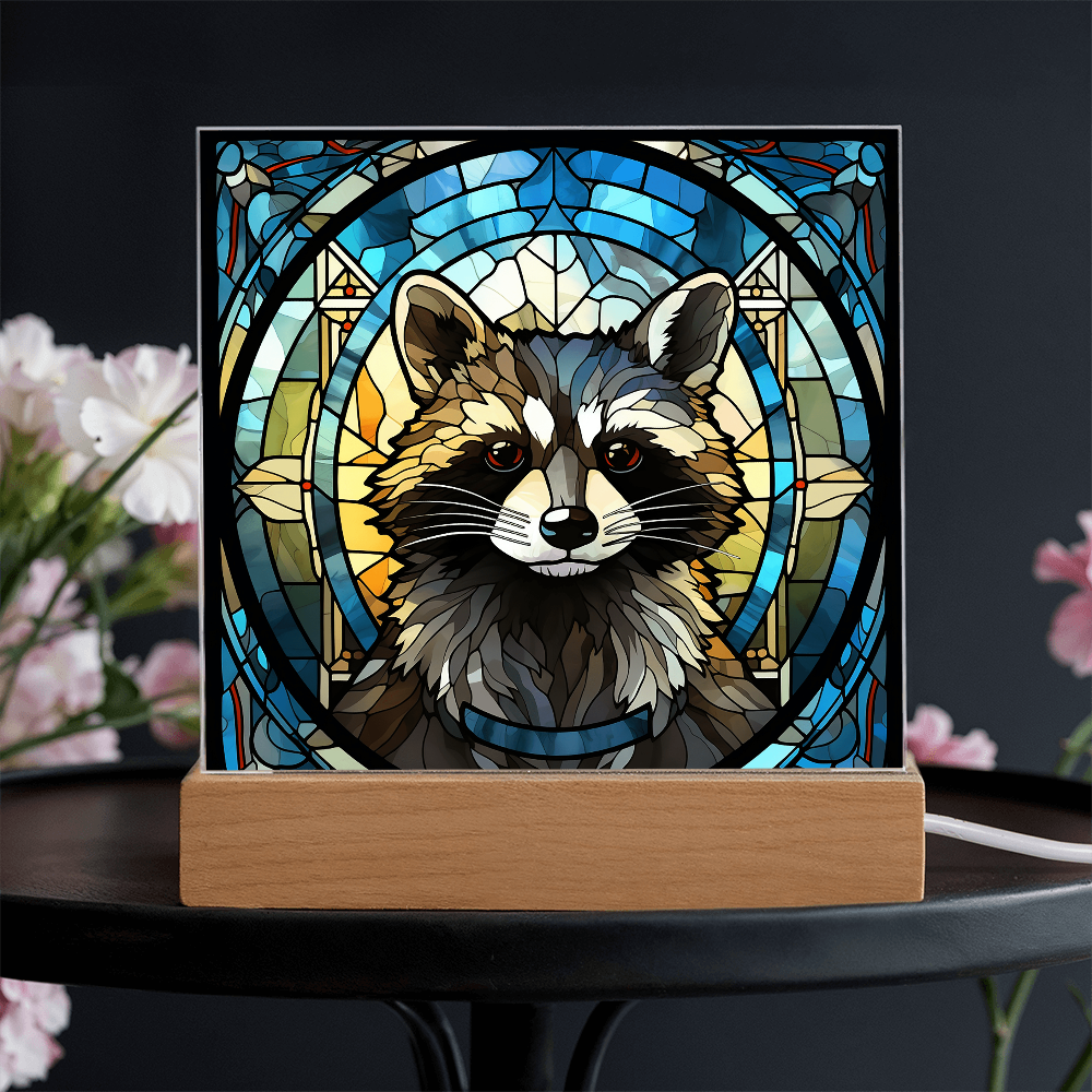 Stained Glass Raccoon Acrylic LED Light Plaque – Custom Animal Art Gift with Wooden Base - Mallard Moon Gift Shop