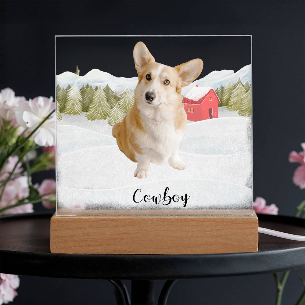 Pet Personalized Holiday Photo Upload Acrylic Plaque with Lighted LED Wooden Base - Mallard Moon Gift Shop