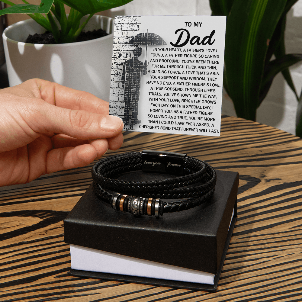To My Dad Men's Vegan Leather Bracelet Birthday, Father's Day Gift with Heartfelt “Father Figure” Message Card - - Mallard Moon Gift Shop