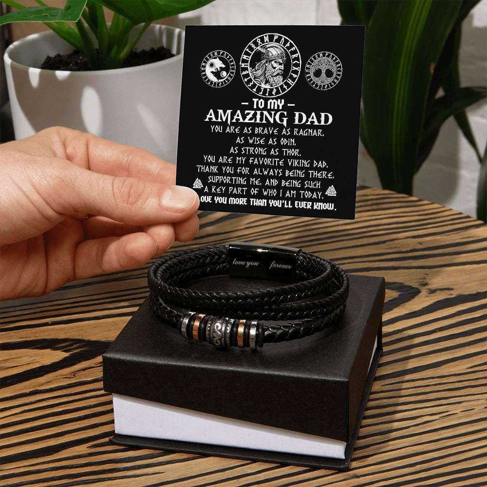 Gift for Dad - Viking Dad Brave as Ragnar Black Braided Leather Men's Bracelet - Mallard Moon Gift Shop