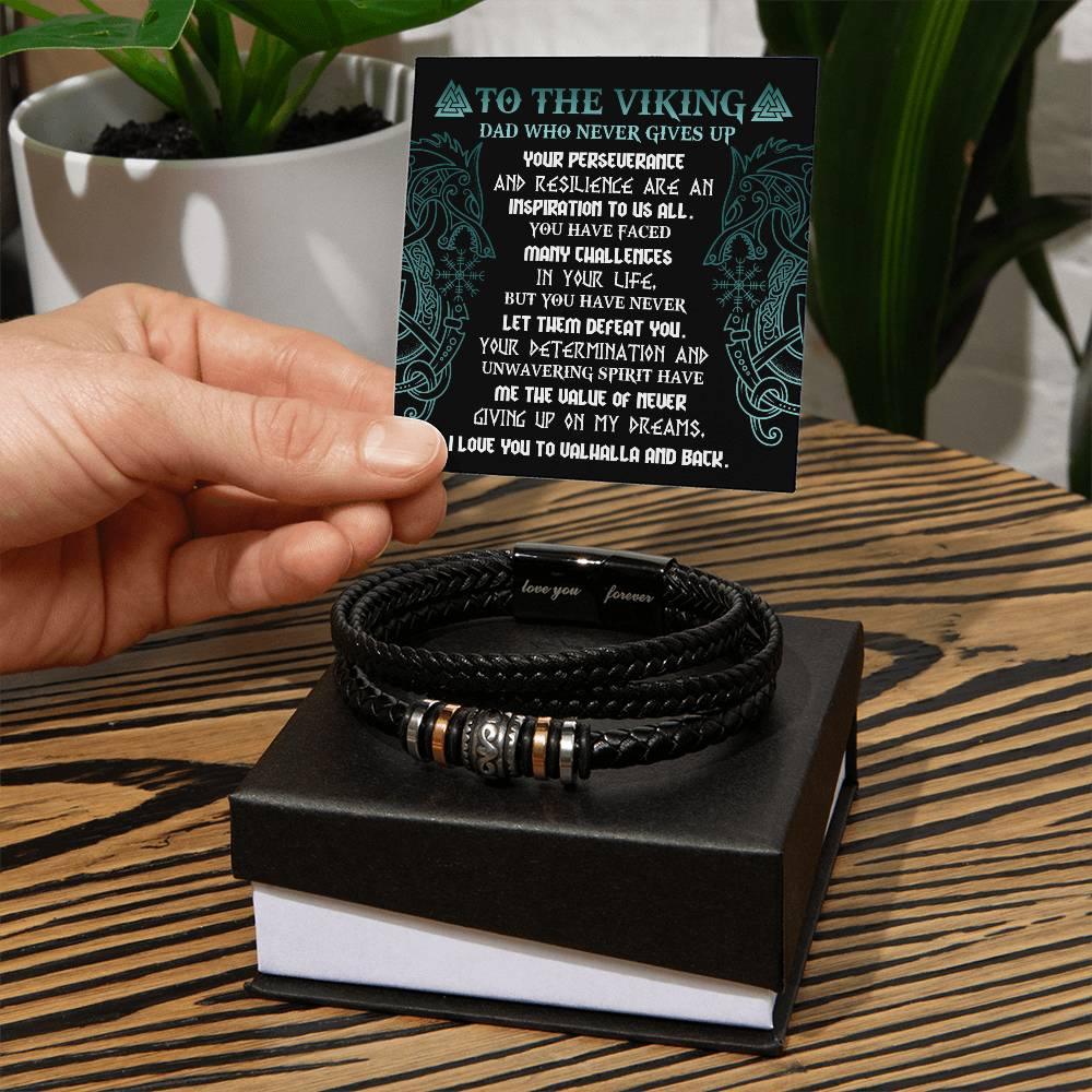 To My Viking Dad - Never Giving Up - Black Braided Leather Men's Bracelet - Mallard Moon Gift Shop
