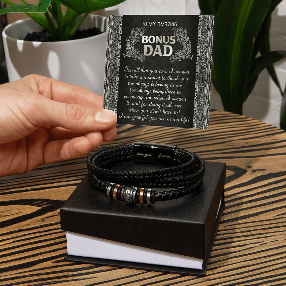 Gift for Bonus Dad I am Grateful You are in My Life Men's Braided Leather Bracelet - Mallard Moon Gift Shop