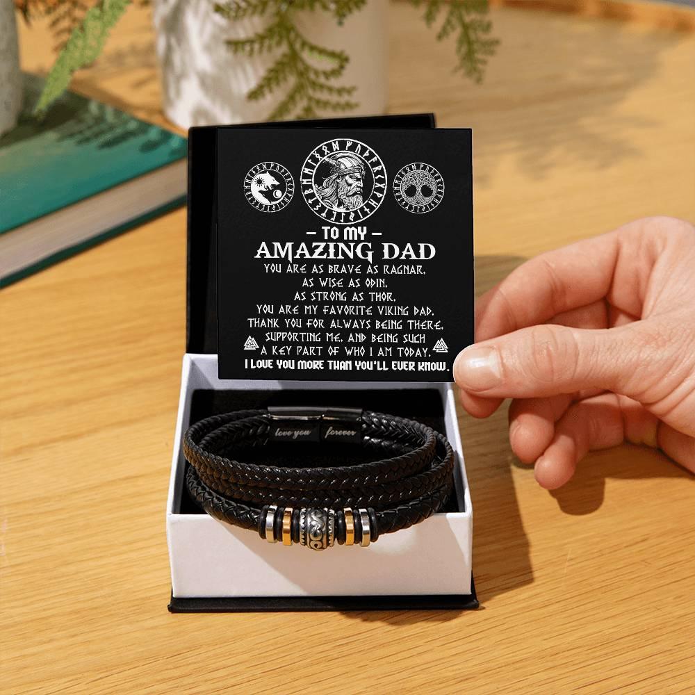 Gift for Dad - Viking Dad Brave as Ragnar Black Braided Leather Men's Bracelet - Mallard Moon Gift Shop