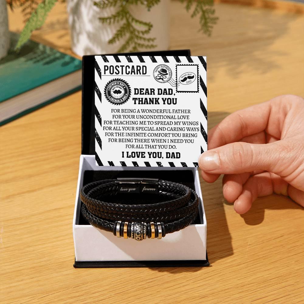 Dad Postcard Gift-Thank You for Teaching Me to Spread My Wings -Braided Leather Men's Bracelet - Mallard Moon Gift Shop