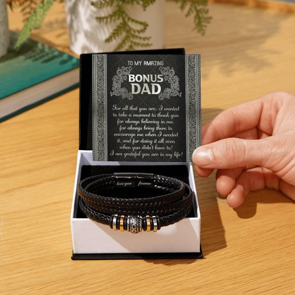 Gift for Bonus Dad I am Grateful You are in My Life Men's Braided Leather Bracelet - Mallard Moon Gift Shop