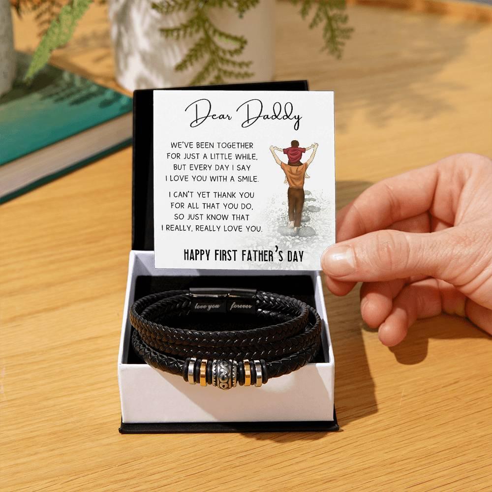 Dear Daddy Happy First Father's Day Leather Braided Men's Bracelet - Mallard Moon Gift Shop